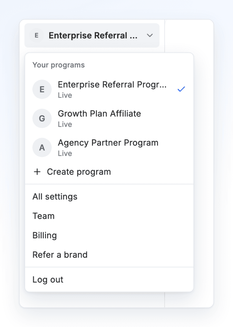 The program menu, opened from the program name at the top left, with your programs, their status and Create program
